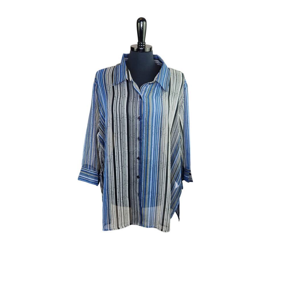 Impressions Lifestyle Sheer Blouse Vertical Stripes Blue Black White